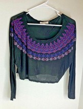 Boutique XXI Womens Sz S Black Long Sleeve Shirt Crop Multicolor Print - £7.73 GBP