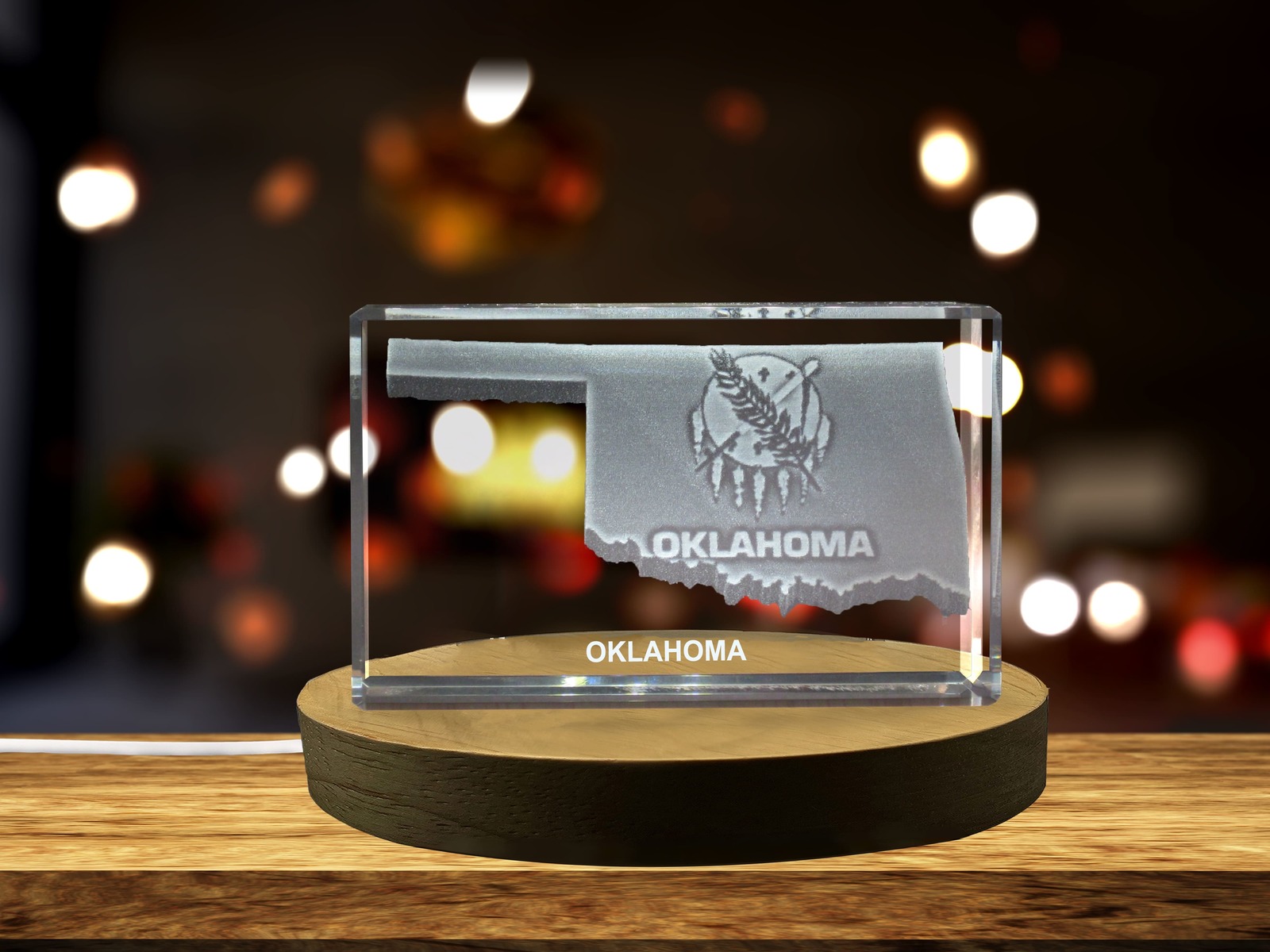 LED Base included | Oklahoma Map 3D Engraved Crystal 3D Engraved Crystal