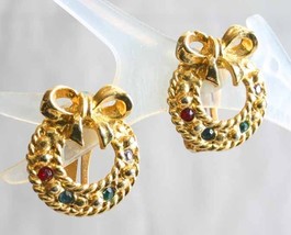 Festive Rhinestone Gold-tone Christmas Wreath Clip Earrings 1960s vintag... - $11.66