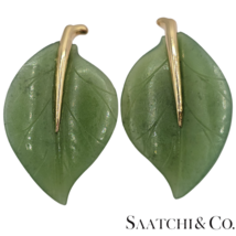 14K (585) Yellow Gold Natural Jade Stone Leaf Shape: Earrings - £541.27 GBP