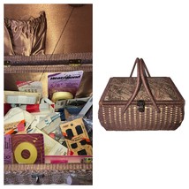 Vtg Retro Woven Wicker Sewing Basket Box Padded Tapestry Fabric Top + Bundle - £33.52 GBP