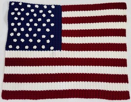 Hand Knit Crocheted American Flag Afghan Throw Blanket Patriotic 33&quot;x28&quot; - £47.28 GBP