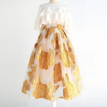 Summer GOLD Floral Midi Party Skirt Outfit Organza Plus Size Midi Skirt Pockets
