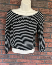 Black White Striped Off Shoulder Blouse XS Cropped Long Sleeve Stretch T... - £2.97 GBP