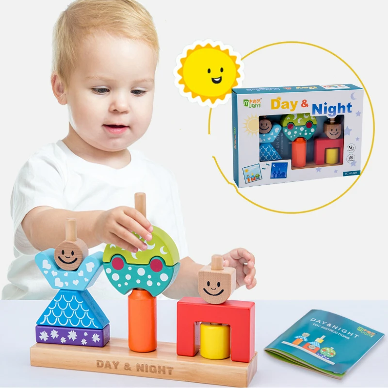 Day &amp; Night Tower Blocks Early Education Toy Montessori Rainbow Wooden Blocks - £29.16 GBP