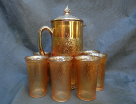 Rare 8 Piece Jeanette Marigold Carnival Glass Cider Pitcher Tumbler Set w&#39;Lid - £117.98 GBP