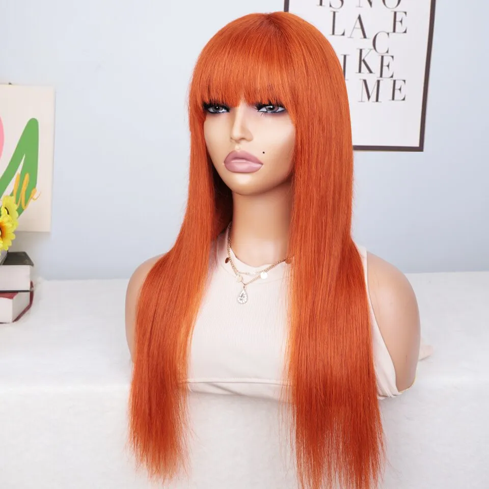 Orange Color Wig With Bangs Straight Hair Brazilian Straight Human Hair Wi - £27.66 GBP+