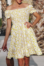 Yellow Shirred Flounce Off Shoulder Floral Dress - £20.08 GBP