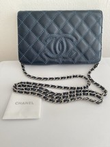 Auth Chanel Cc Caviar Quilted Wallet On A Chain Woc Blue Stitch Silver Hw - $2,660.72