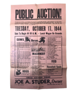 c.1944 Public Auction Poster Sign Farm Livestock Joe A. Studer Minnesota... - $129.99