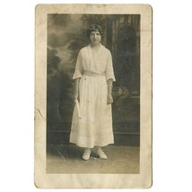 Young Woman in White Dress Graduation Portrait RPPC 1904-1918 Photo Postcard - £7.63 GBP