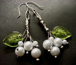 Green Silver Earrings , twigs with leaves , flower earrings , heavenly crackled  - £27.00 GBP