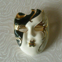 Vintage Gold-tone Black &amp; White Enamel Mask Brooch - £12.50 GBP