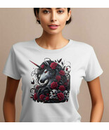 Gothic Dark Unicorn T-Shirt 100% Cotton Fantasy Skull Roses Tee L-3X - $18.80+
