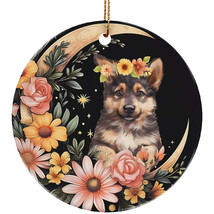 Cute German Shepherd Puppy Dog Moon &amp; Flower Christmas Ornament Ceramic Gift - £11.80 GBP