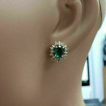 2.00 Ct Oval Cut Emerald &amp; Diamond Cluster Stud Earrings 14k Yellow Gold Over - £67.12 GBP