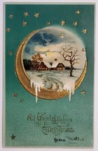 Christmas Wishes Golden Crescent Moon And Stars Winter Scene Postcard C39 - £6.21 GBP