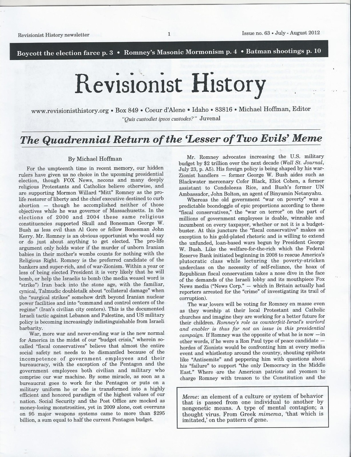 REVISIONIST HISTORY No.63 The Quadrennial Return the &#39;Lesser of Two Evil... - $9.99