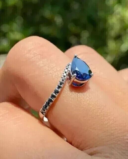 2.00Ct Pear Cut Lab Created Blue Sapphire Engagement Ring 14K White Gold Plated Item image 2