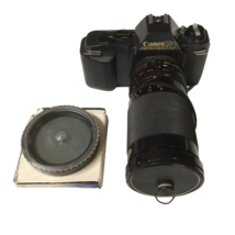 Untested Canon T50 35mm Film Camera Soligor 35-200mm Lens &amp; hoya Filter 912A - £27.44 GBP