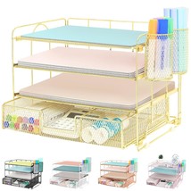 Desk Organizers, 4-Tier Paper Letter Tray Organizer With Drawer And Pen Holder,  - £34.59 GBP