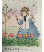 Easter Girl in Bonnet Spring Tulips Flowers Antique Postcard c1910s Seri... - $4.99