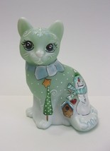 Fenton Glass Green &quot;Snow Time&quot; Snowman Sitting Cat Figurine Ltd Ed #1/46 Barley - £136.16 GBP