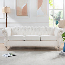 84.65&quot; Rolled Arm Chesterfield 3 Seater Sofa - White - $597.36