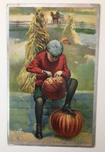 A Joyous Thanksgiving PC Boy Carving Jack O&#39; Lantern Pumpkin 1909 - £47.18 GBP