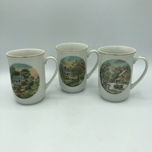 Currier and Ives Seasonal Scene Gold Plated Coffee Tea Mug Cup Set of 3 Vintage! - £26.12 GBP