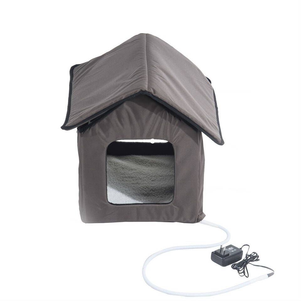 Kitty Cat House with Heated Lamb Wool Padded Cat Bed in Brown Lamb Wool ... - $125.73