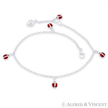 Enamel Ladybug &amp; 2.3mm Rolo Link Chain Charm Anklet in Italy 925 Sterling Silver - £24.66 GBP