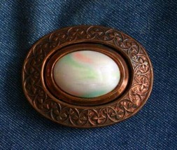 Elegant Iridescent White Lucite Victorian Style Copper Brooch 1960s vintage 2&quot; - £11.75 GBP