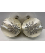 Vintage Lot 2 White Satin Silver Snowflake Glitter Ball Christmas Ornaments - £15.51 GBP