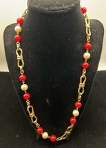 Monet Necklace Gold Tone Faux Pearls and Red Beads Beautiful - £17.70 GBP