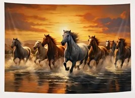 Majestic Horses Running In The Ocean At Sunset Fabric Tapestry 59&quot; x 51&quot;... - £11.62 GBP