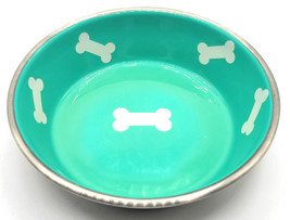Harmony Cat Dog Pet Dish Food or Water Bone Print Enameled Stainless Steel Aqua - £21.72 GBP
