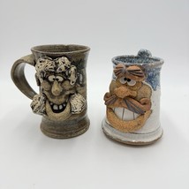 Pair Ugly Face Studio Art Pottery Drip 5” Blue Gray Coffee Mug Stoneware... - $67.50