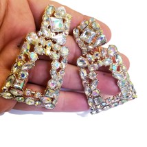 Clip On Drop Earrings, Rhinestone Crystal Earrings, 2.5-inch AB Chandelier Earri - £29.14 GBP