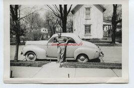 snap shot * street scene Man posing with his car * 1940's * house trees - $7.50