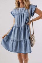 Zoey Ruffle Short Sleeve Tiered A-line Denim Dress - $673.78 MXN