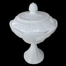 White Milk Glass Pedestal Grape Leaf Design Candy Dish Lid 10 Inch Tall Large - £21.17 GBP