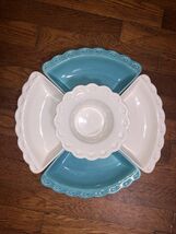 Vintage MCM California Pottery USA Teal &amp; White Lazy Susan L48 Chip &amp; Di... - $39.42