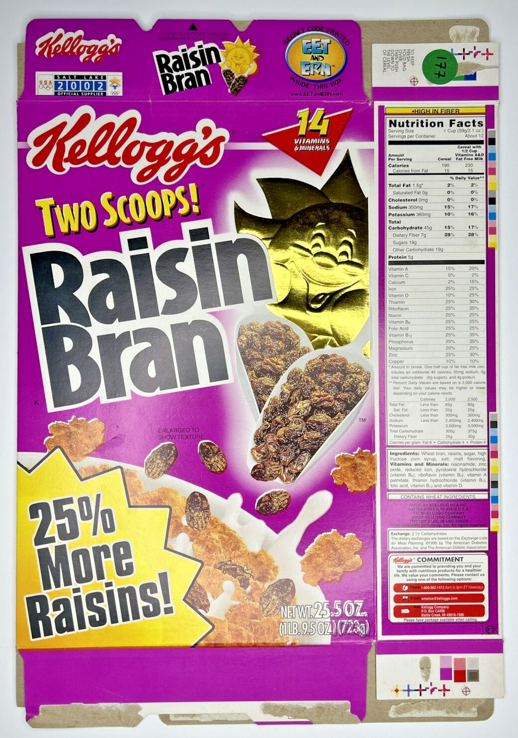 Primary image for 2002 Empty Kellogg's Raisin Bran Metallic Sun 25.5OZ Cereal Box SKU U198/177