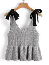 Women’s Bow knot shoulder Crop ruffle hem knit tank heather gray Kawaii - £10.25 GBP