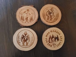 Bigfoot Sasquatch Laser Engraved Wood 4pc Coaster Set Rustic Wood Slice - $12.00