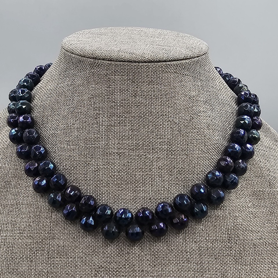 Vintage Blue Iridescent Bead Collar Necklace Purple Green Shift Double R... - $24.99