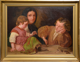 Family Portrait Mother with Children Playing Coins Framed Antique Oil Painting  - £310.82 GBP
