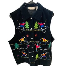 Velvet Embroidered Snow Skier Print Holiday Black Winter Vest By Life Style - £15.06 GBP