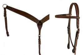 Western Saddle Horse Dark Oil Leather Tack Set Bridle Headstall w/ Breas... - $78.80